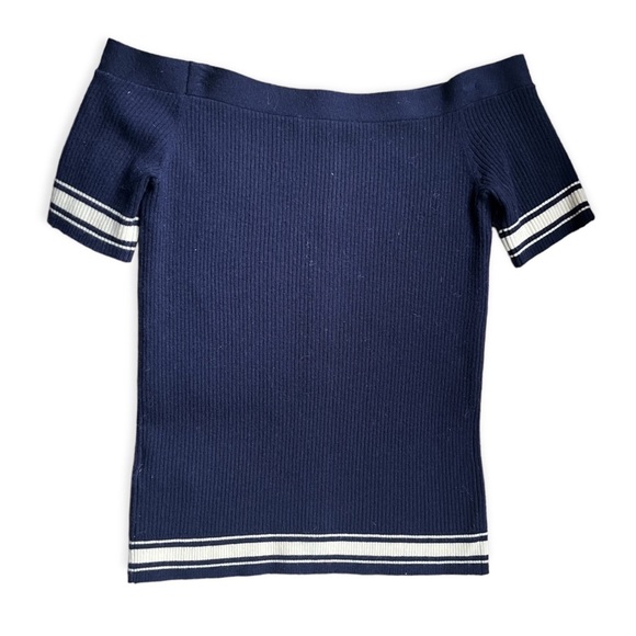 Frame Denim Navy / White Ribbed Off-the-Shoulder Button Down Sweater, sz Med - Picture 6 of 11